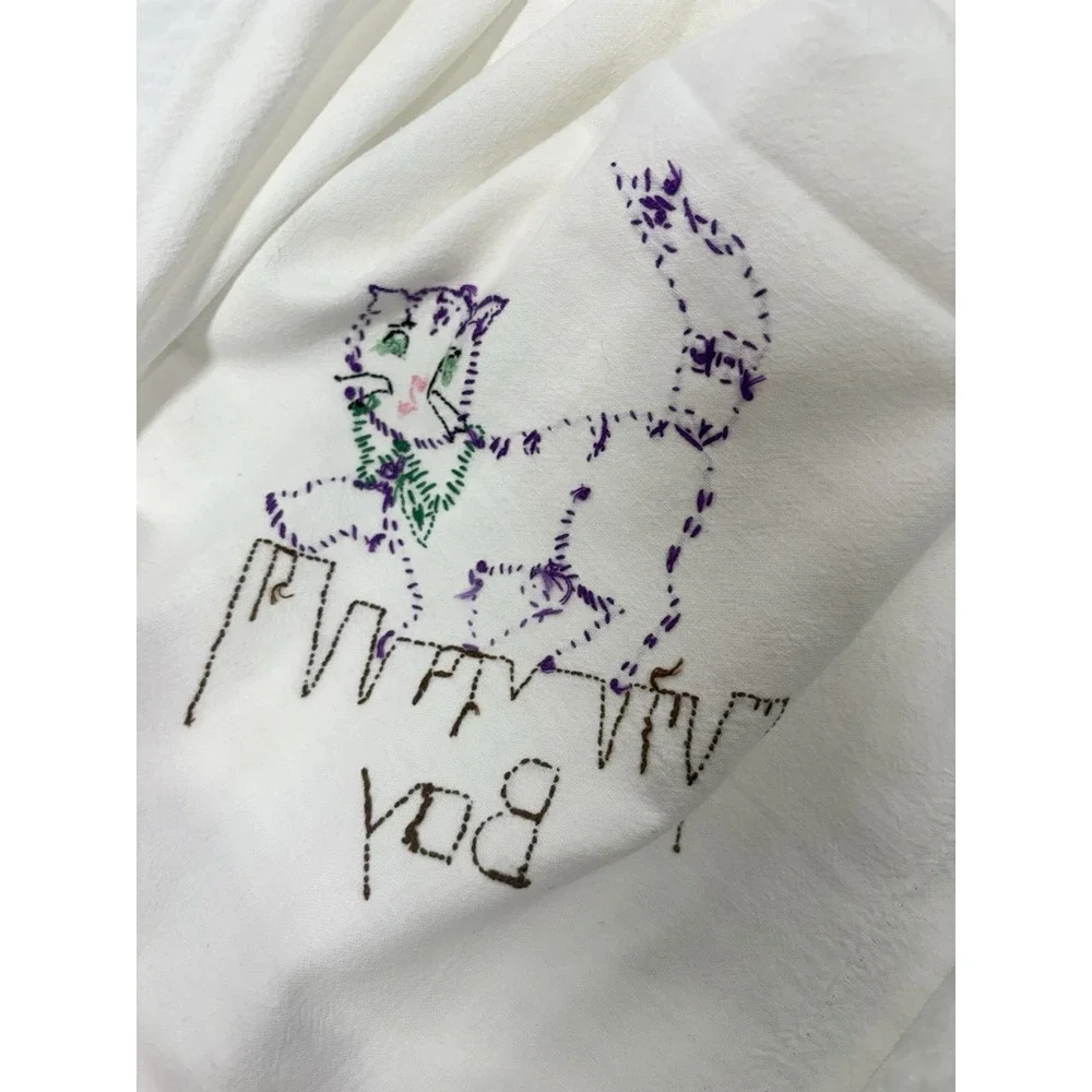 Lot of 2 Vintage Hand Embroidered‎ Linens – Cats Animals Nursery Decor – 34